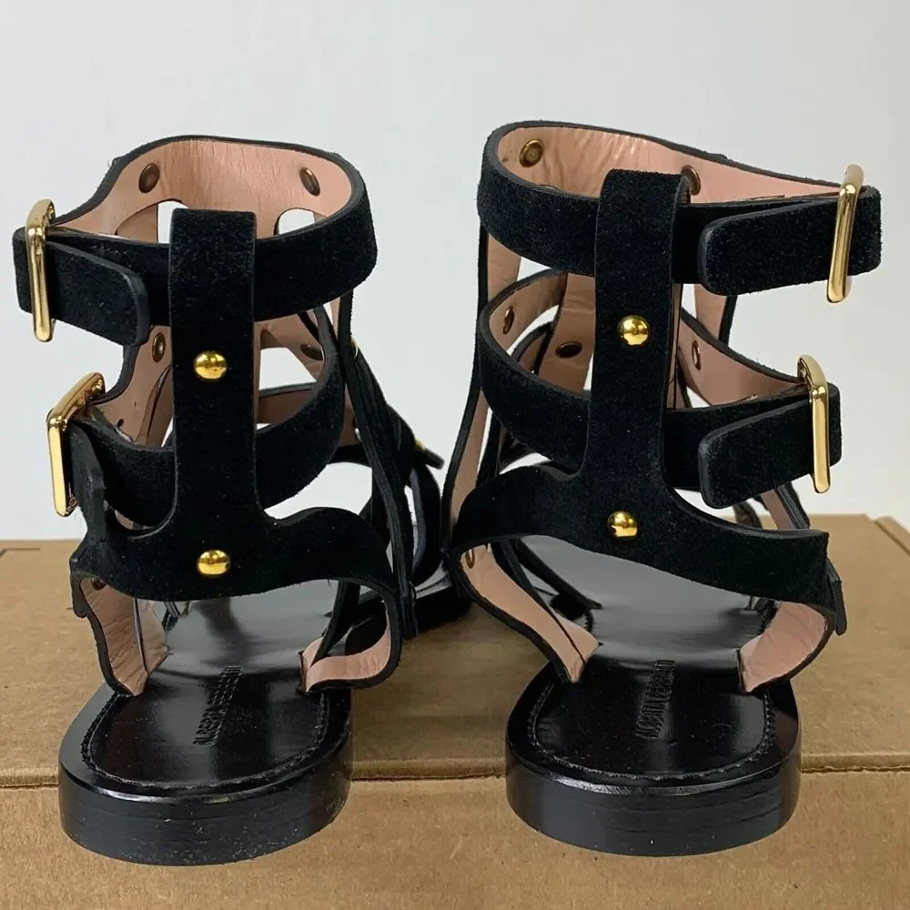 Alberta Ferretti Womens Gladiator Flat Sandal Black Suede Ankle Strap Shoes 6/37